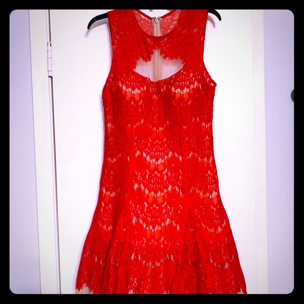 Betsy & Adam - Red lace & sheer mesh dress